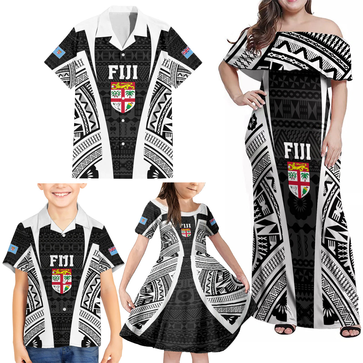 personalised-fiji-rugby-family-matching-off-shoulder-maxi-dress-and-hawaiian-shirt-2023-world-cup-history-makers-black-ver