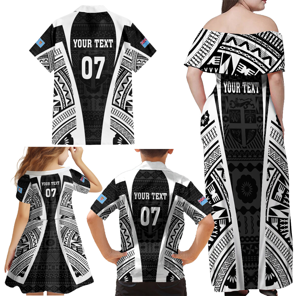 personalised-fiji-rugby-family-matching-off-shoulder-maxi-dress-and-hawaiian-shirt-2023-world-cup-history-makers-black-ver