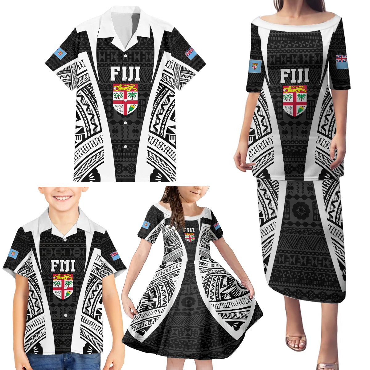 Personalised Fiji Rugby Family Matching Puletasi Dress and Hawaiian Shirt 2023 World Cup History Makers - Black Ver LT7 - Polynesian Pride