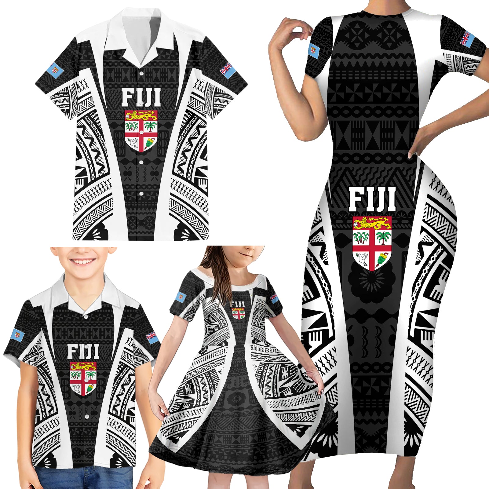 personalised-fiji-rugby-family-matching-short-sleeve-bodycon-dress-and-hawaiian-shirt-2023-world-cup-history-makers-black-ver