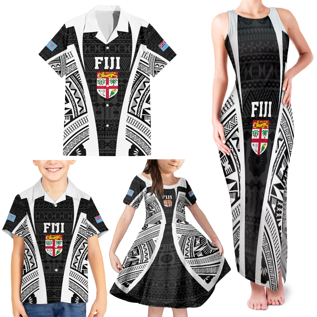 personalised-fiji-rugby-family-matching-tank-maxi-dress-and-hawaiian-shirt-2023-world-cup-history-makers-black-ver