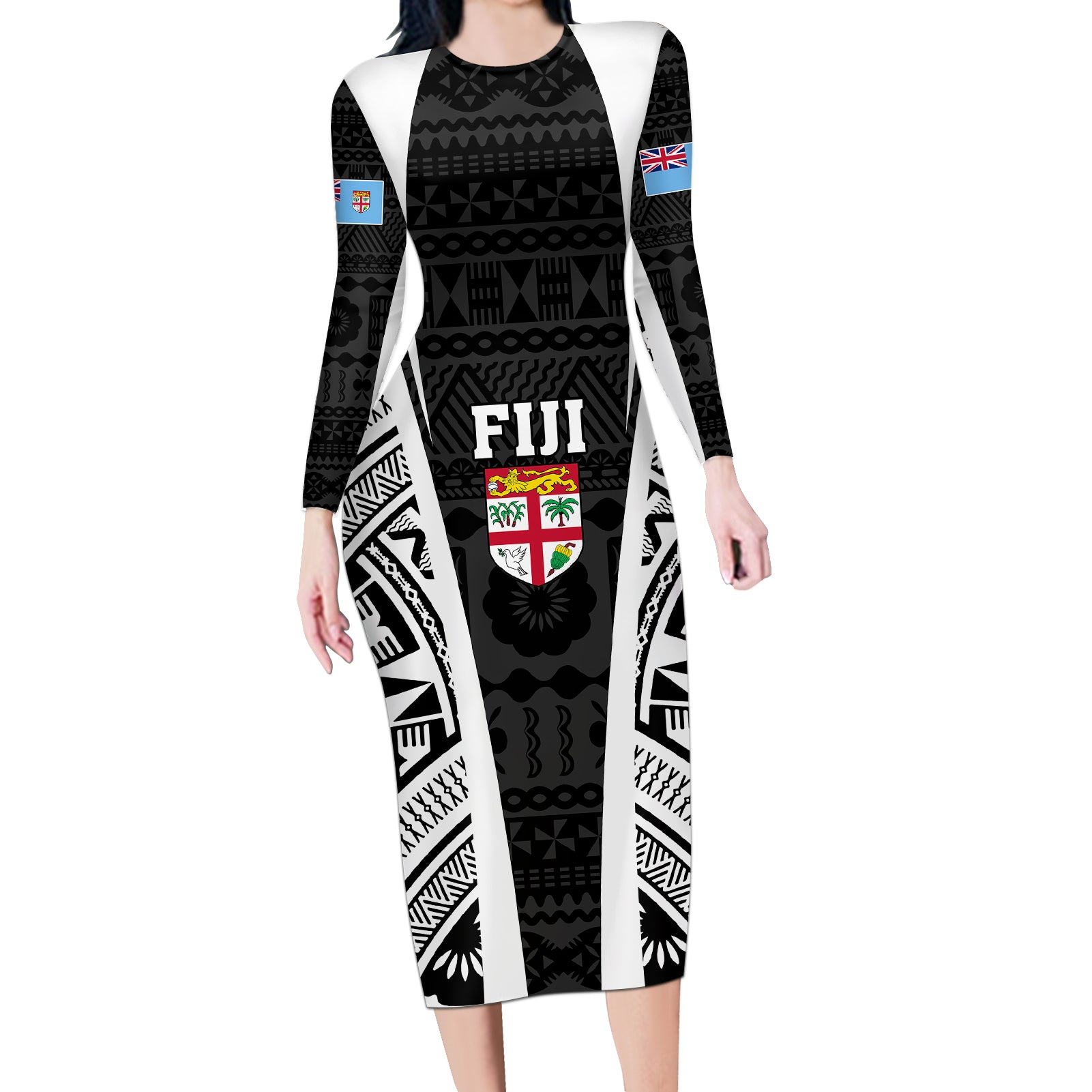 personalised-fiji-rugby-long-sleeve-bodycon-dress-2023-world-cup-history-makers-black-ver