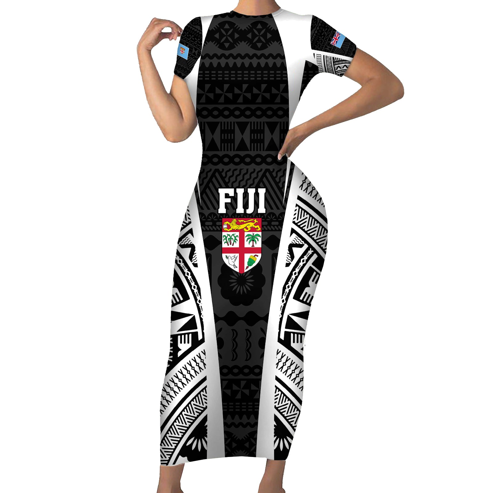 personalised-fiji-rugby-short-sleeve-bodycon-dress-2023-world-cup-history-makers-black-ver