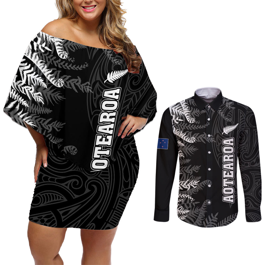 personalised-new-zealand-rugby-couples-matching-off-shoulder-short-dress-and-long-sleeve-button-shirts-silver-fern-basic-2023-world-cup