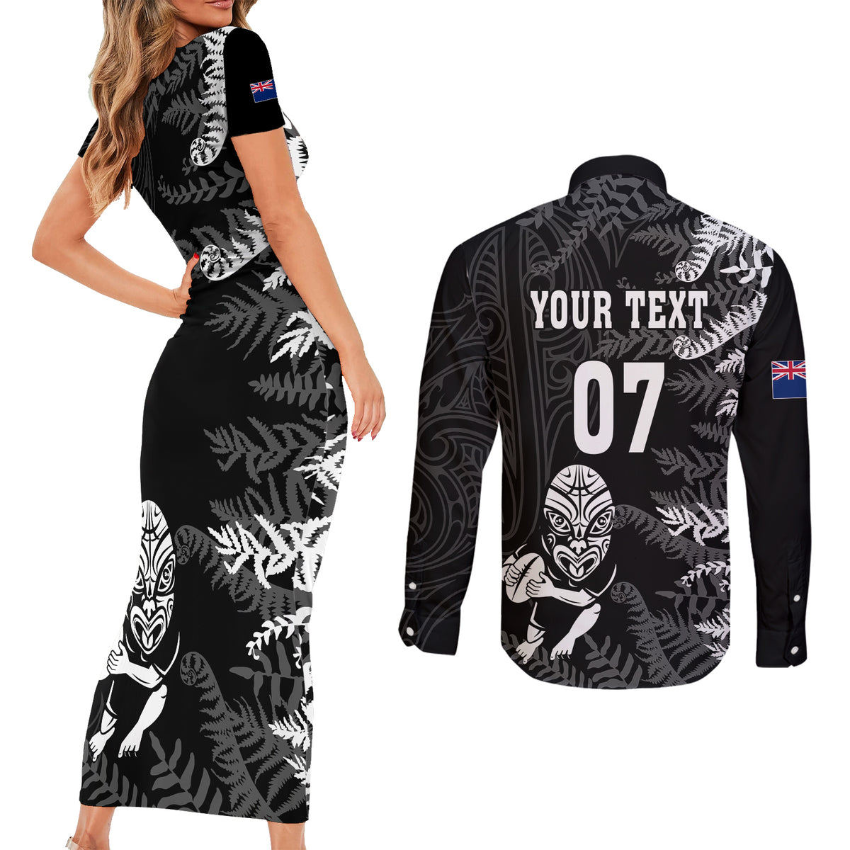 personalised-new-zealand-rugby-couples-matching-short-sleeve-bodycon-dress-and-long-sleeve-button-shirts-silver-fern-basic-2023-world-cup