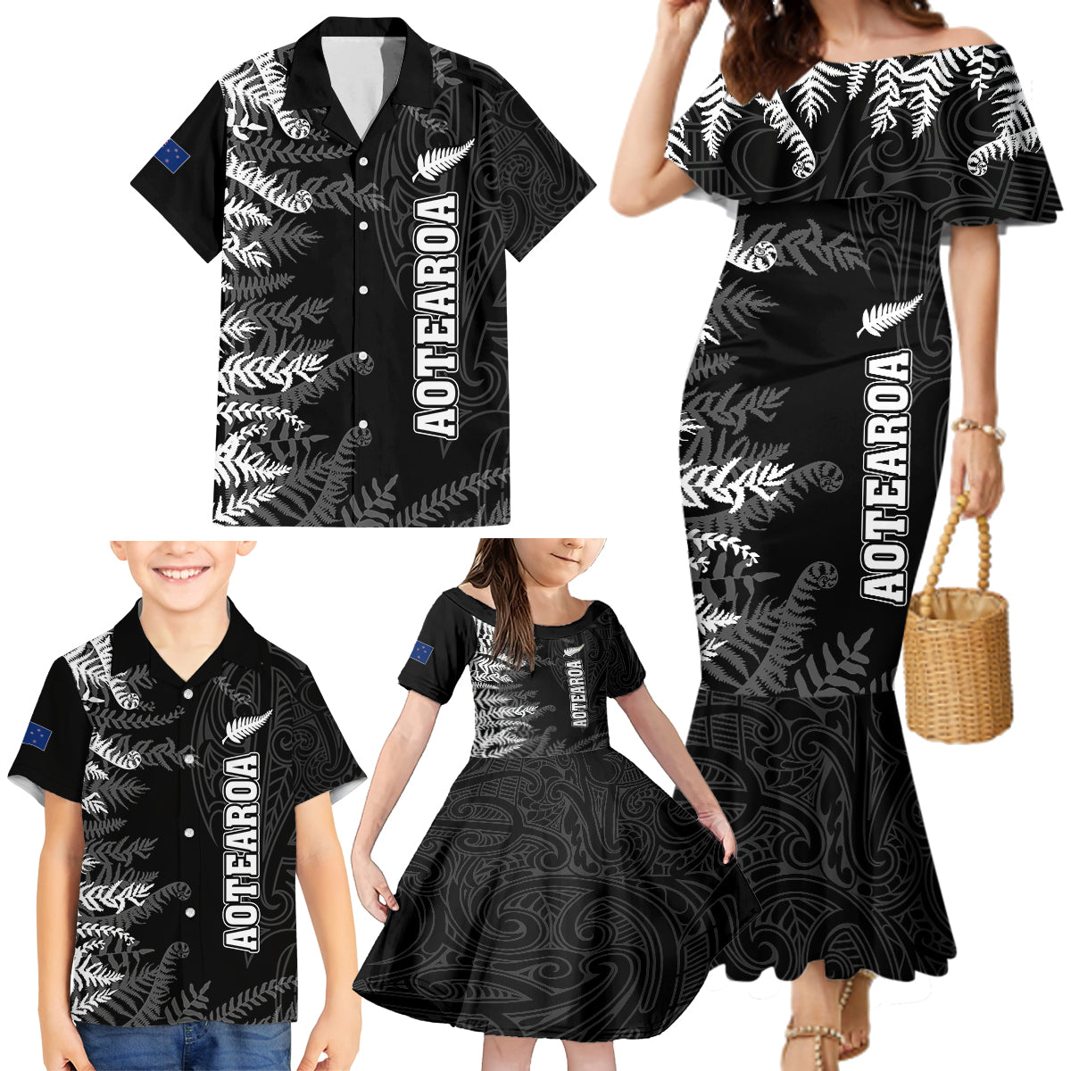 personalised-new-zealand-rugby-family-matching-mermaid-dress-and-hawaiian-shirt-silver-fern-basic-2023-world-cup