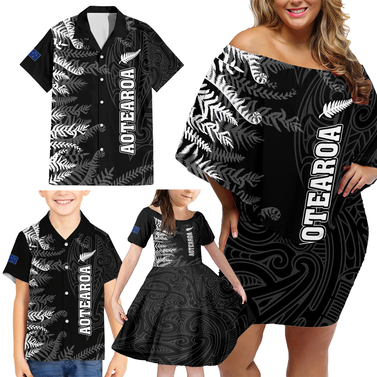 personalised-new-zealand-rugby-family-matching-off-shoulder-short-dress-and-hawaiian-shirt-silver-fern-basic-2023-world-cup