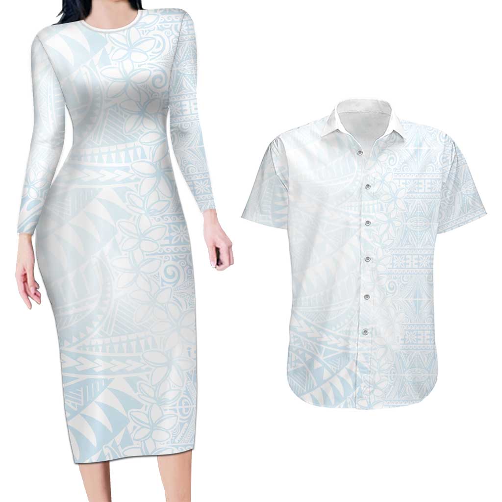 White Sunday Couples Matching Long Sleeve Bodycon Dress and Hawaiian Shirt Plumeria Tatau Mix Tapa