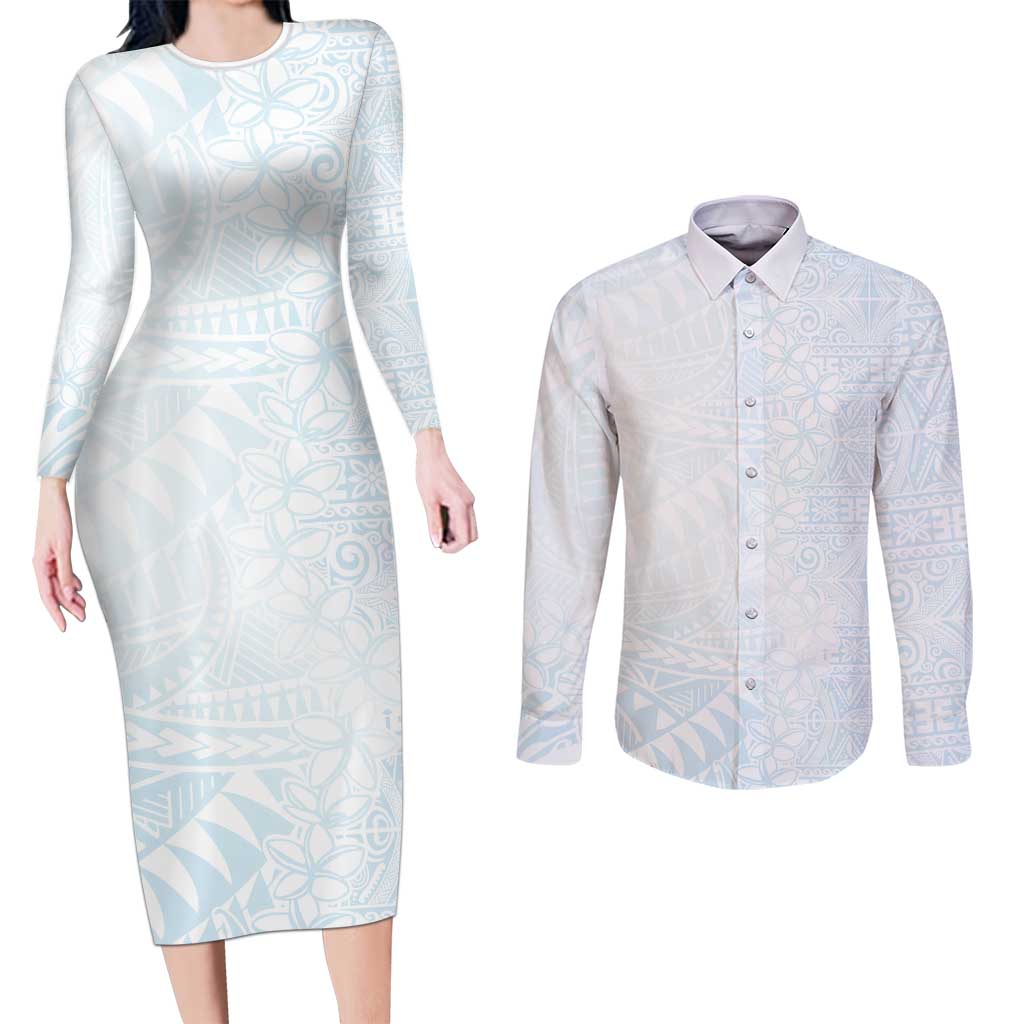White Sunday Couples Matching Long Sleeve Bodycon Dress and Long Sleeve Button Shirt Plumeria Tatau Mix Tapa LT7 White - Polynesian Pride