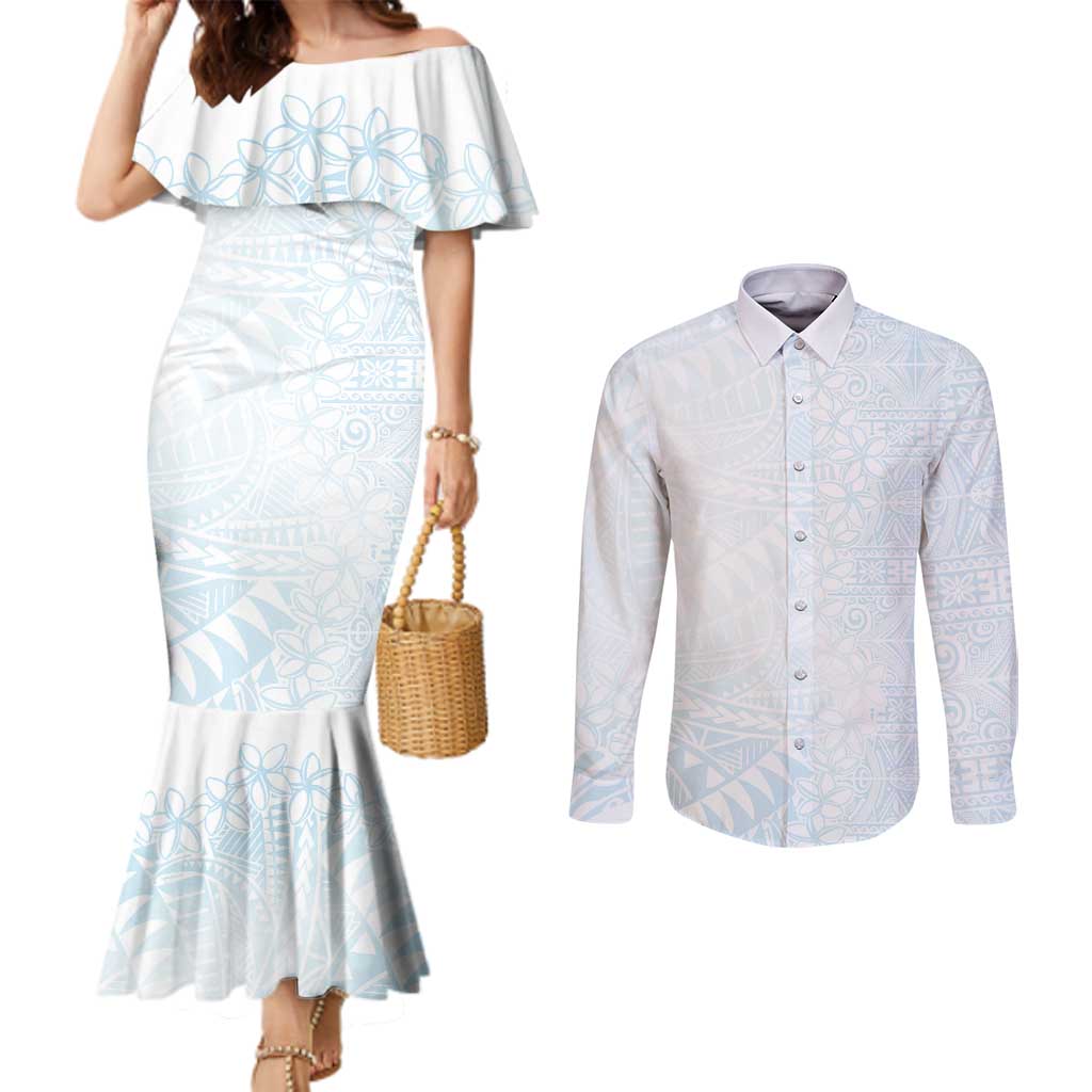 White Sunday Couples Matching Mermaid Dress and Long Sleeve Button Shirt Plumeria Tatau Mix Tapa LT7 White - Polynesian Pride