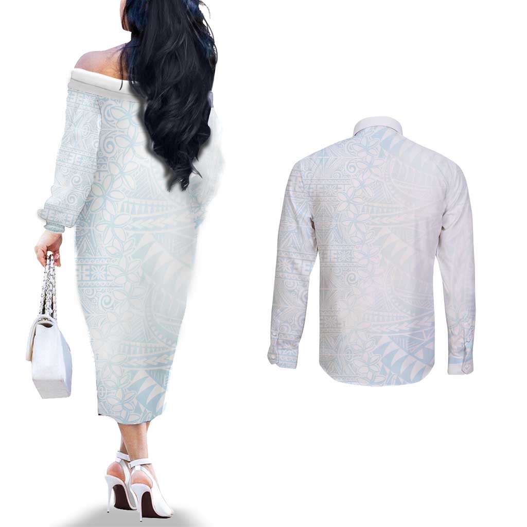 White Sunday Couples Matching Off The Shoulder Long Sleeve Dress and Long Sleeve Button Shirt Plumeria Tatau Mix Tapa