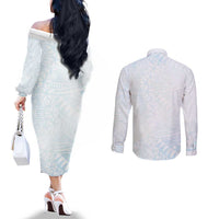White Sunday Couples Matching Off The Shoulder Long Sleeve Dress and Long Sleeve Button Shirt Plumeria Tatau Mix Tapa