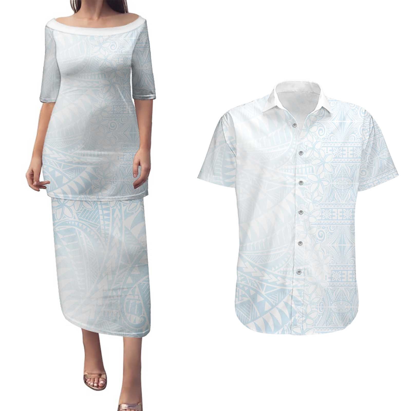 White Sunday Couples Matching Puletasi and Hawaiian Shirt Plumeria Tatau Mix Tapa LT7 White - Polynesian Pride