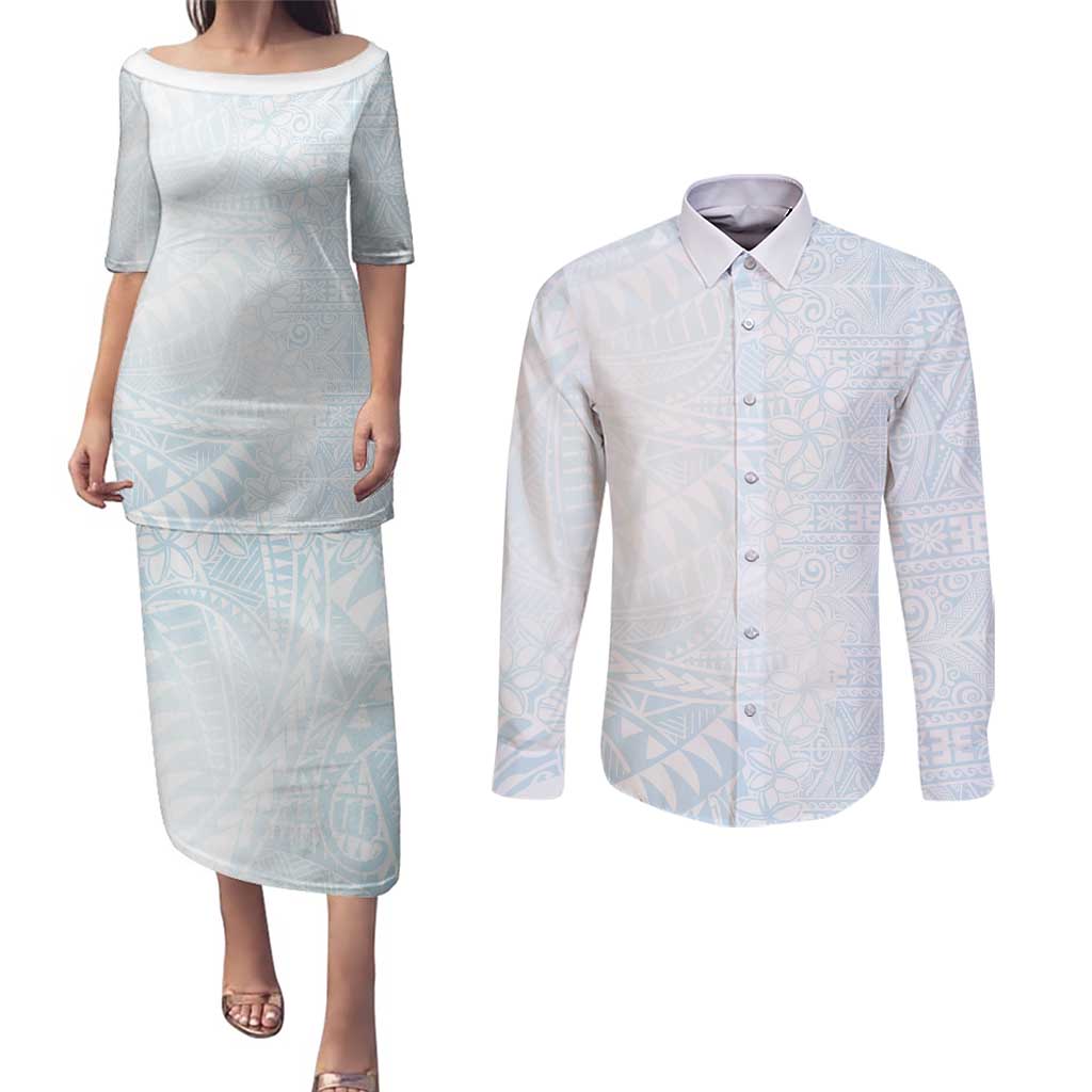 White Sunday Couples Matching Puletasi and Long Sleeve Button Shirt Plumeria Tatau Mix Tapa LT7 White - Polynesian Pride