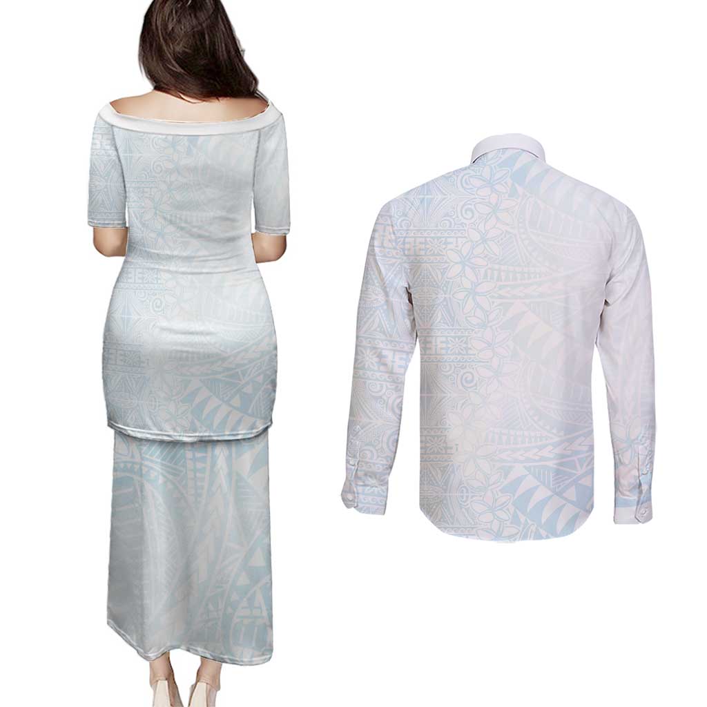 White Sunday Couples Matching Puletasi and Long Sleeve Button Shirt Plumeria Tatau Mix Tapa LT7 - Polynesian Pride