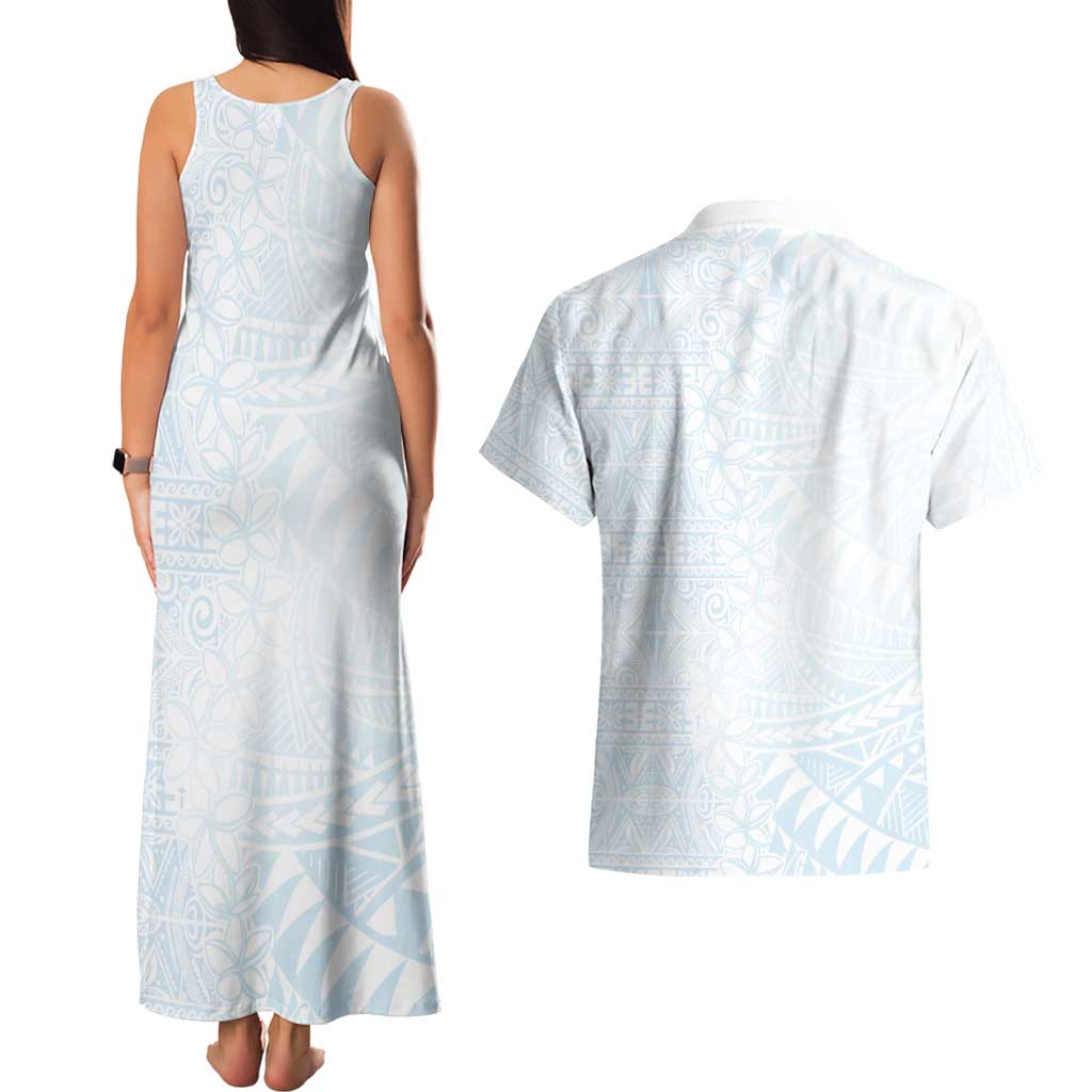 White Sunday Couples Matching Tank Maxi Dress and Hawaiian Shirt Plumeria Tatau Mix Tapa