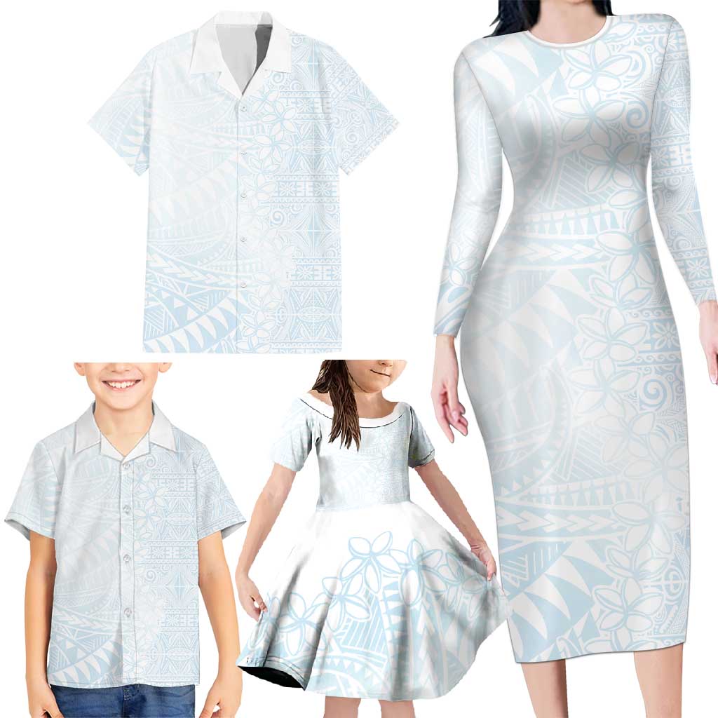 White Sunday Family Matching Long Sleeve Bodycon Dress and Hawaiian Shirt Plumeria Tatau Mix Tapa