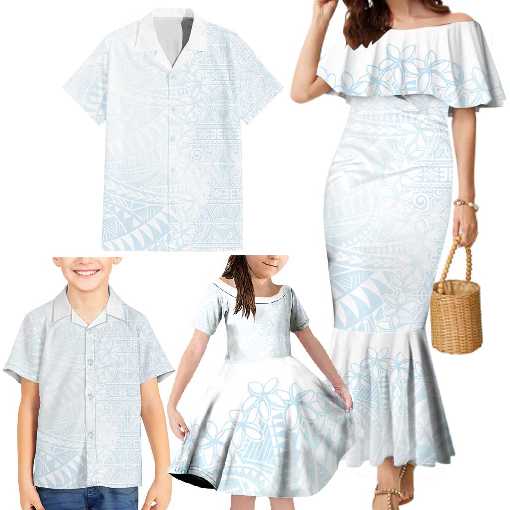 White Sunday Family Matching Mermaid Dress and Hawaiian Shirt Plumeria Tatau Mix Tapa