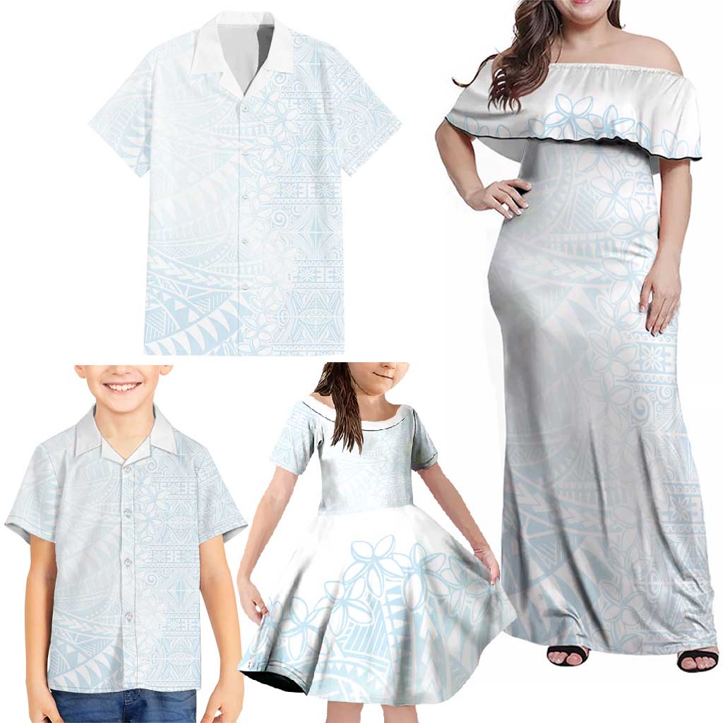 White Sunday Family Matching Off Shoulder Maxi Dress and Hawaiian Shirt Plumeria Tatau Mix Tapa