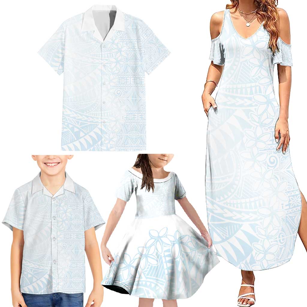 White Sunday Family Matching Summer Maxi Dress and Hawaiian Shirt Plumeria Tatau Mix Tapa