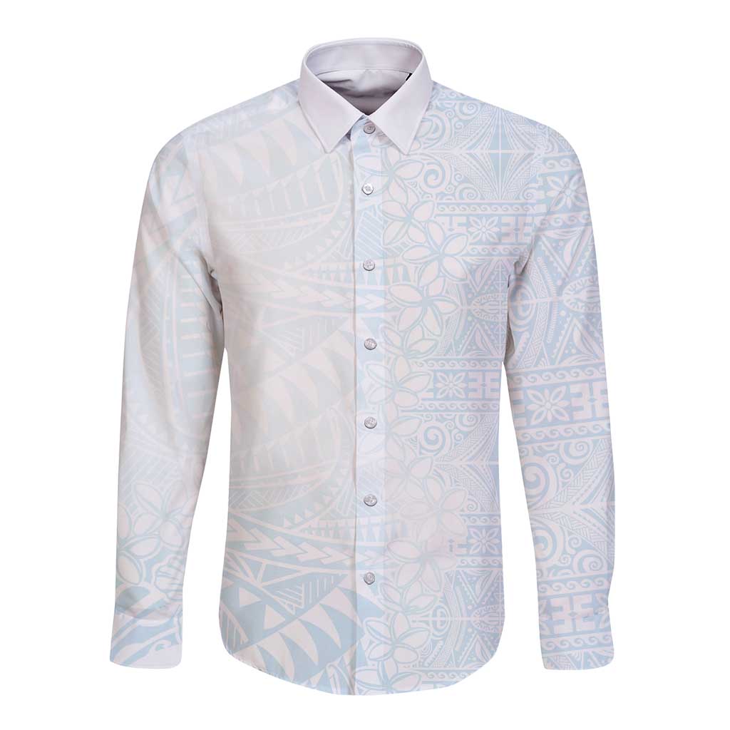 White Sunday Long Sleeve Button Shirt Plumeria Tatau Mix Tapa
