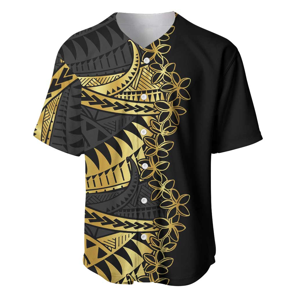 Polynesia Baseball Jersey Black & Gold Fancy Plumeria