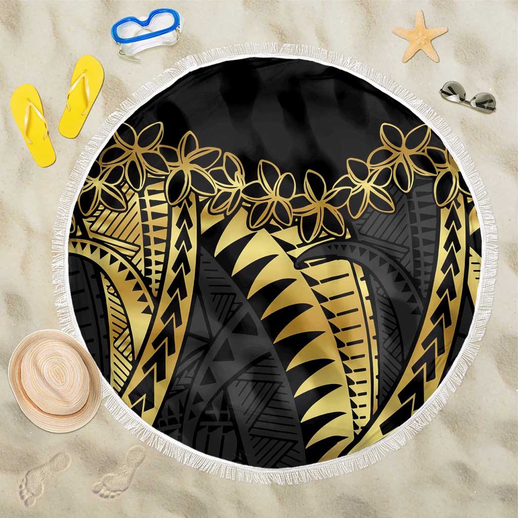 Polynesia Beach Blanket Black & Gold Fancy Plumeria