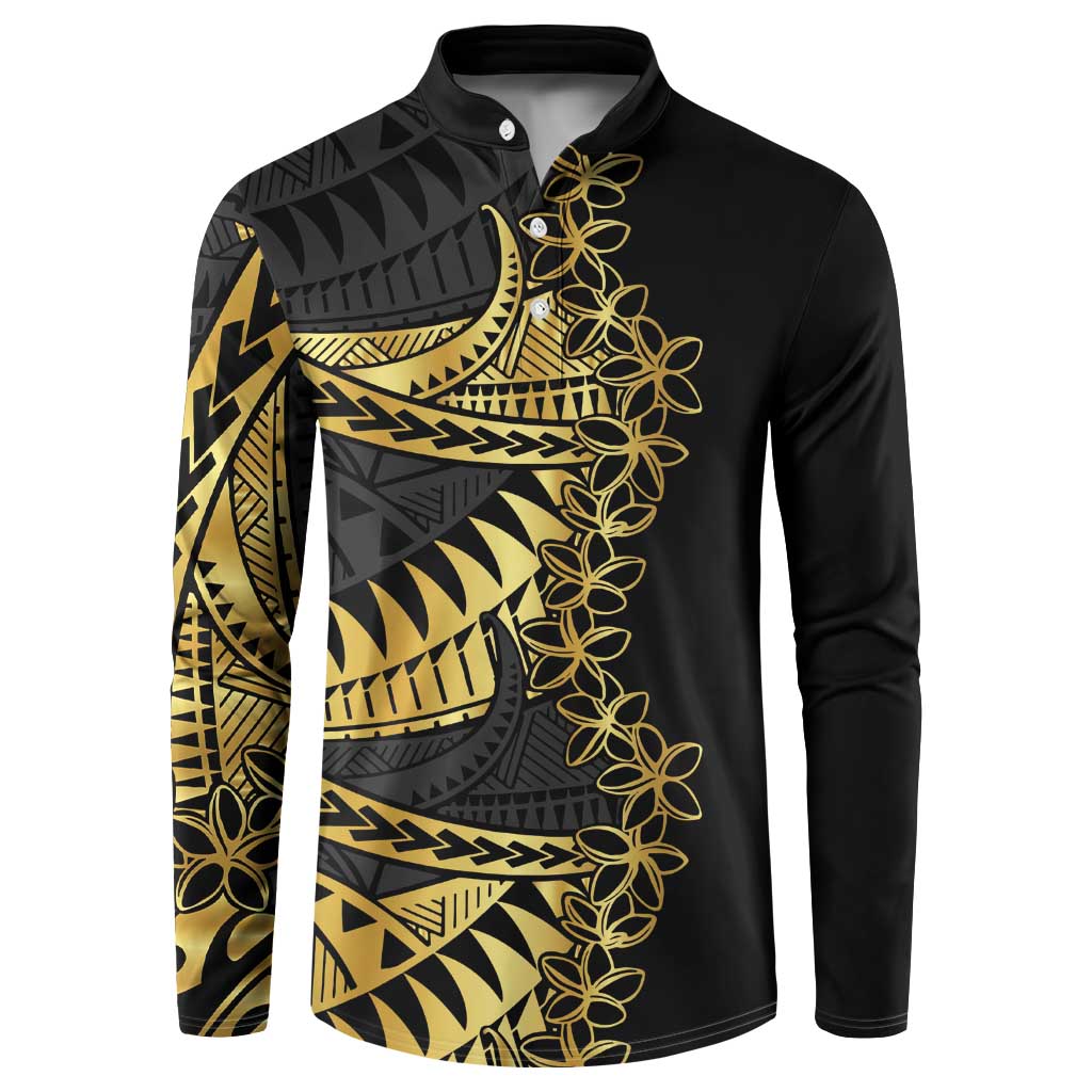 Polynesia Button Sweatshirt Black & Gold Fancy Plumeria LT7 Black Gold - Polynesian Pride