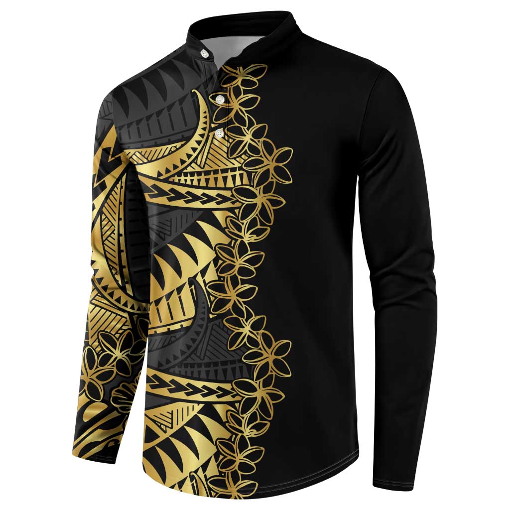Polynesia Button Sweatshirt Black & Gold Fancy Plumeria LT7 - Polynesian Pride