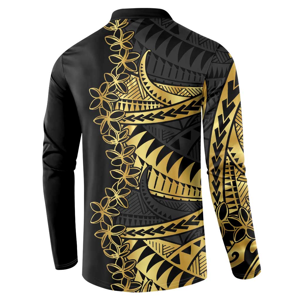 Polynesia Button Sweatshirt Black & Gold Fancy Plumeria LT7 - Polynesian Pride
