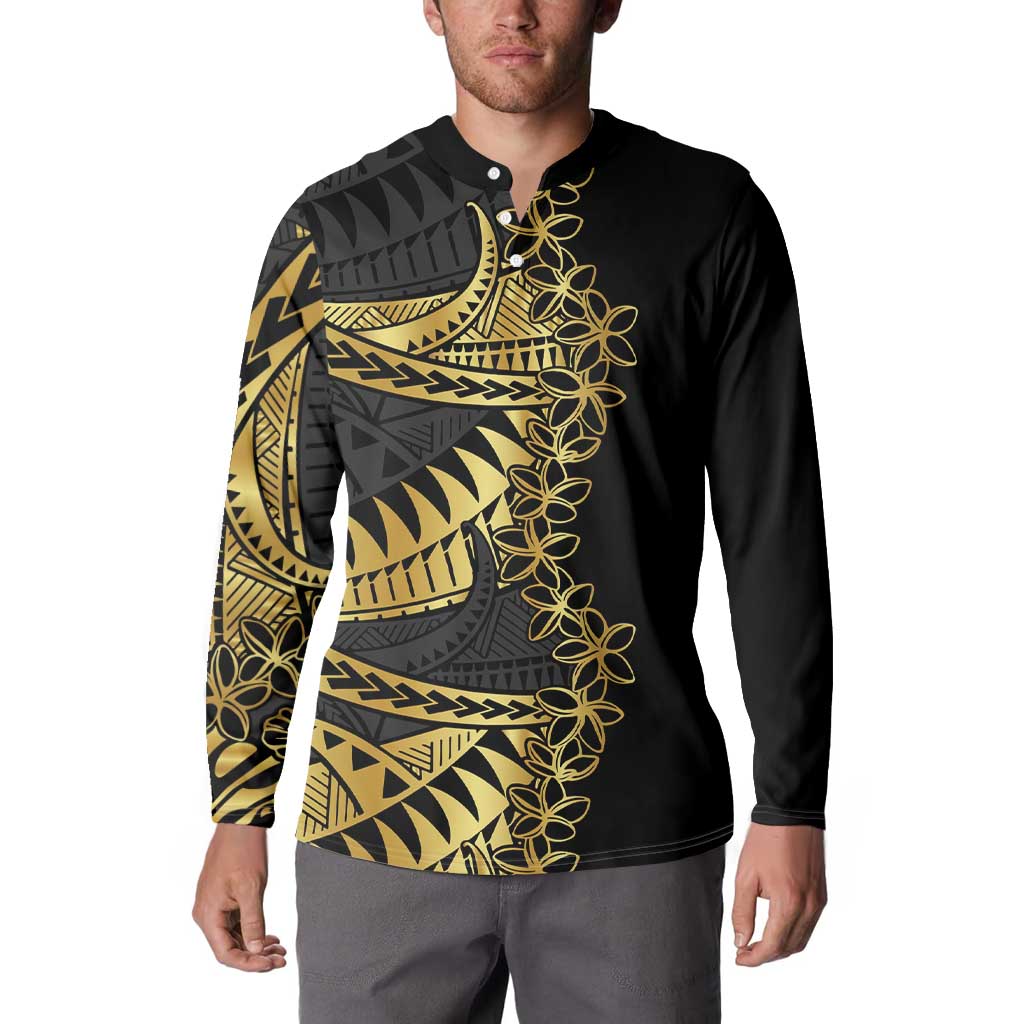 Polynesia Button Sweatshirt Black & Gold Fancy Plumeria LT7 - Polynesian Pride