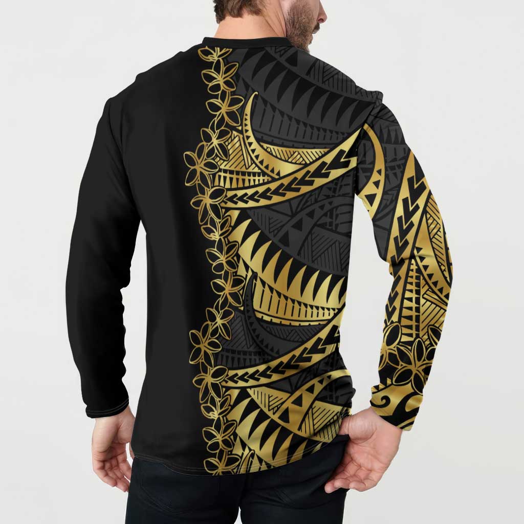 Polynesia Button Sweatshirt Black & Gold Fancy Plumeria LT7 - Polynesian Pride