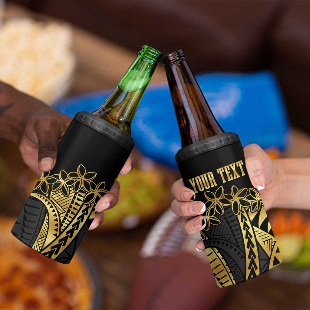 Polynesia Personalised 4 in 1 Can Cooler Tumbler Black & Gold Fancy Plumeria