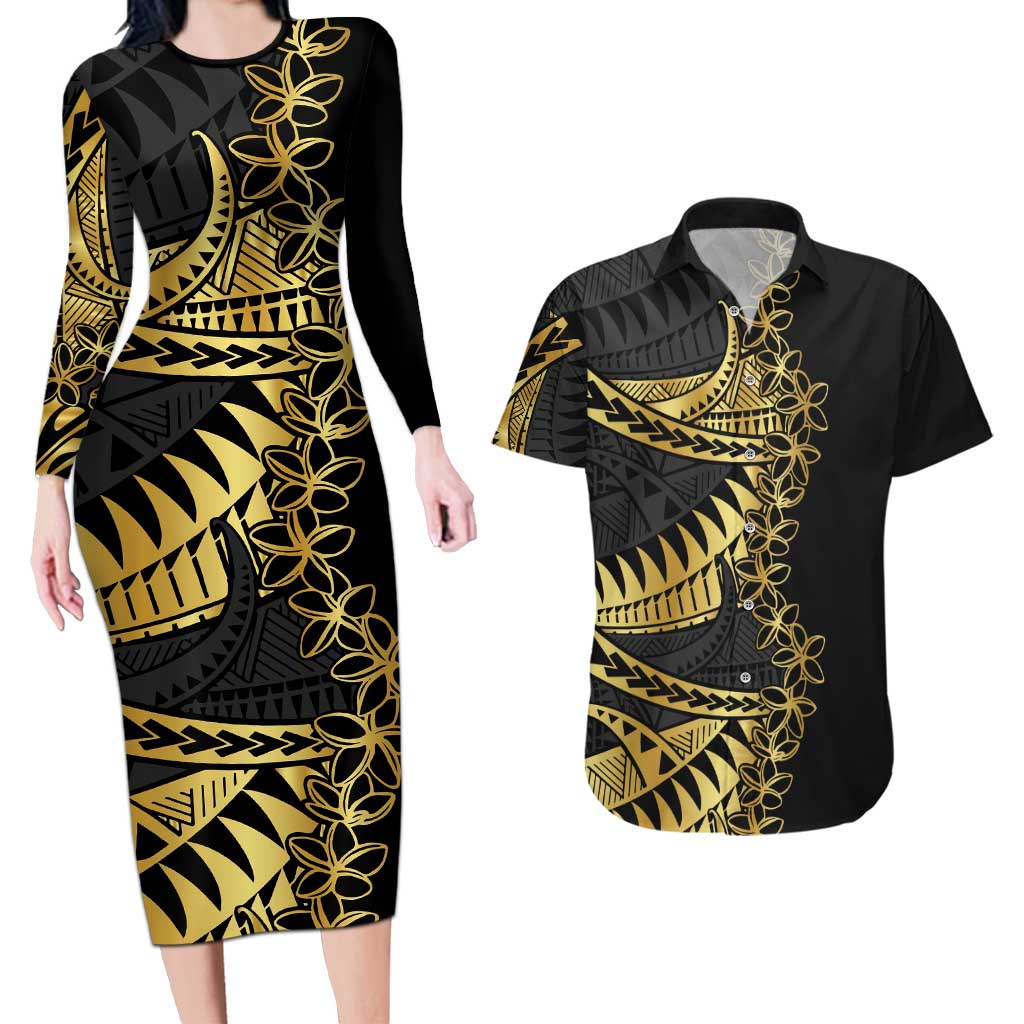 Polynesia Couples Matching Long Sleeve Bodycon Dress and Hawaiian Shirt Black & Gold Fancy Plumeria