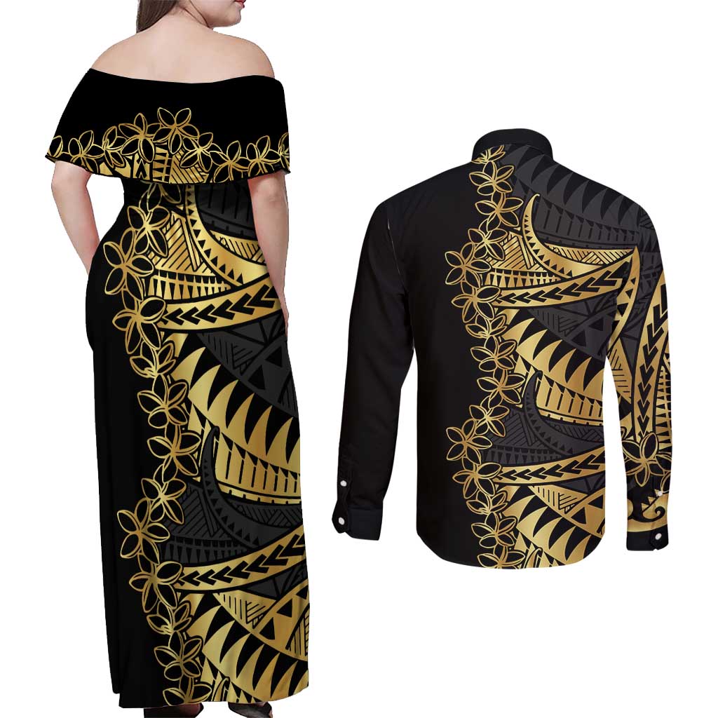 Polynesia Couples Matching Off Shoulder Maxi Dress and Long Sleeve Button Shirt Black & Gold Fancy Plumeria LT7 - Polynesian Pride