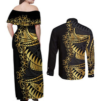 Polynesia Couples Matching Off Shoulder Maxi Dress and Long Sleeve Button Shirt Black & Gold Fancy Plumeria LT7 - Polynesian Pride