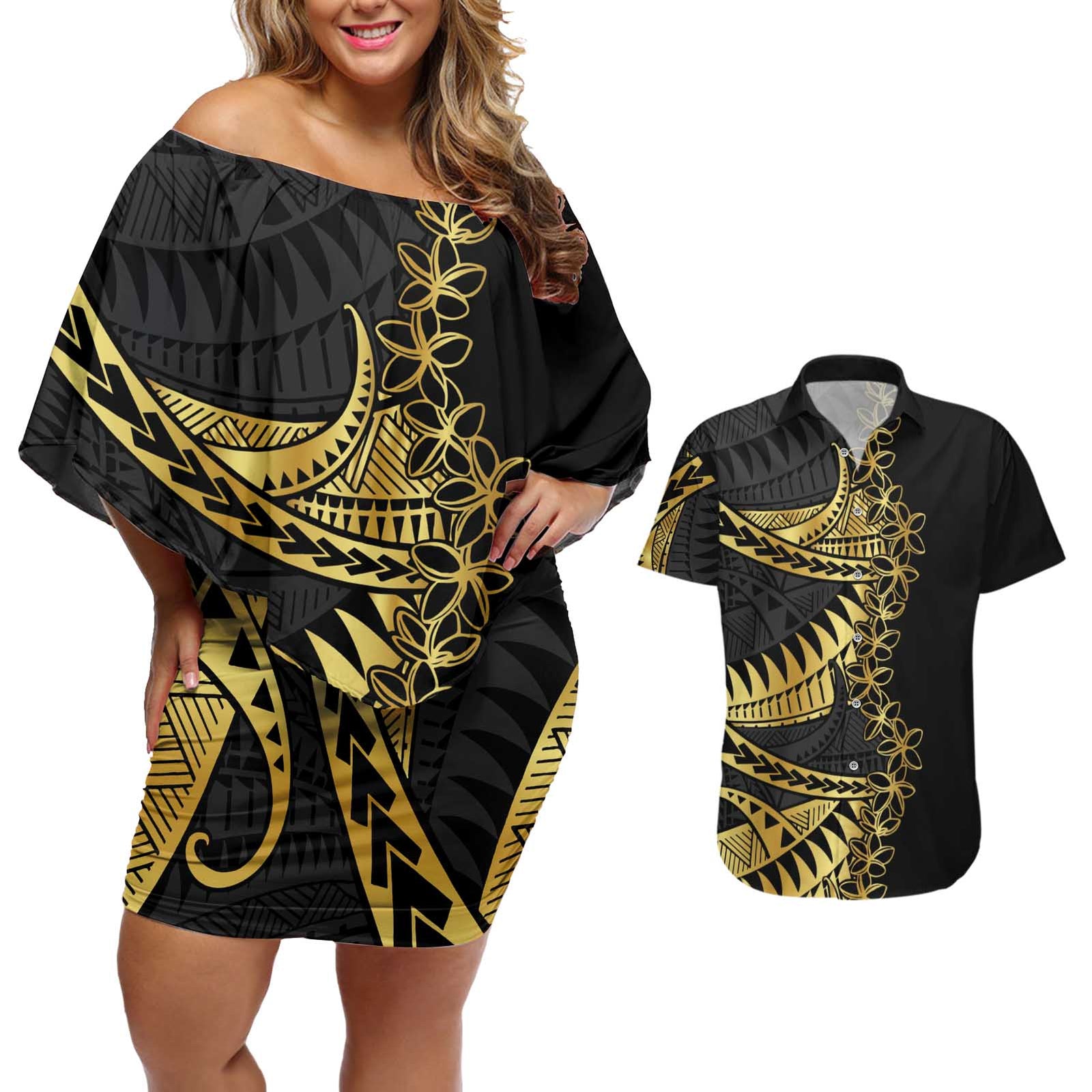 Polynesia Couples Matching Off Shoulder Short Dress and Hawaiian Shirt Black & Gold Fancy Plumeria LT7 Black Gold - Polynesian Pride