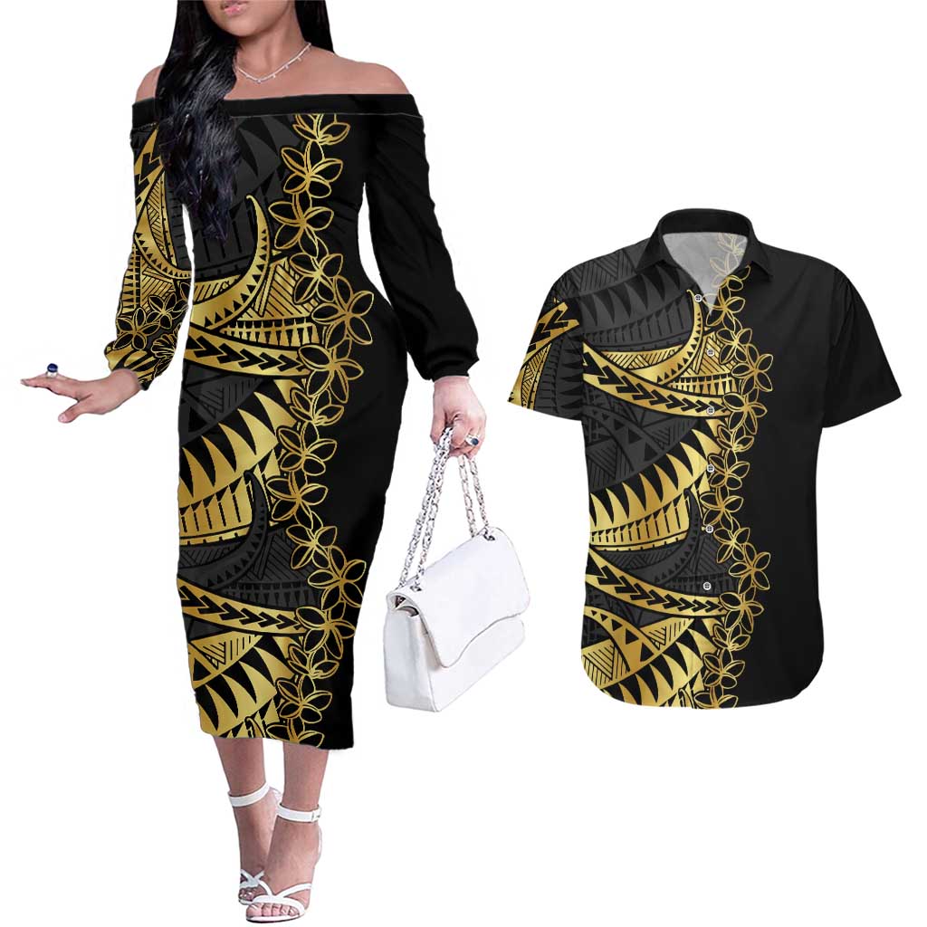 Polynesia Couples Matching Off The Shoulder Long Sleeve Dress and Hawaiian Shirt Black & Gold Fancy Plumeria