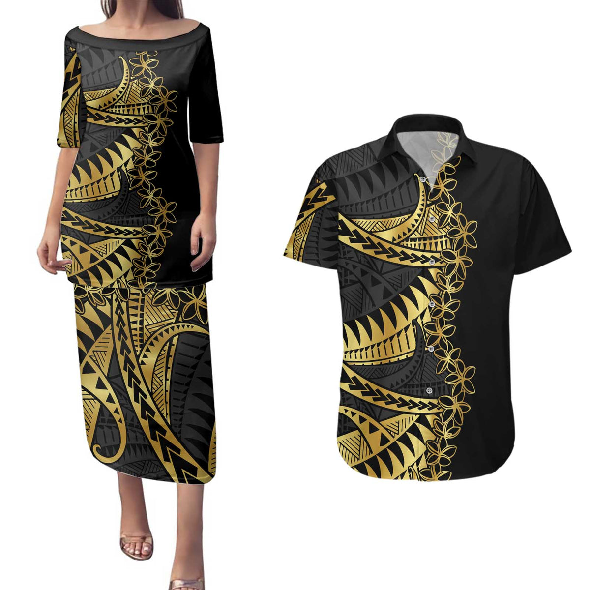 Polynesia Couples Matching Puletasi and Hawaiian Shirt Black & Gold Fancy Plumeria LT7 Black Gold - Polynesian Pride