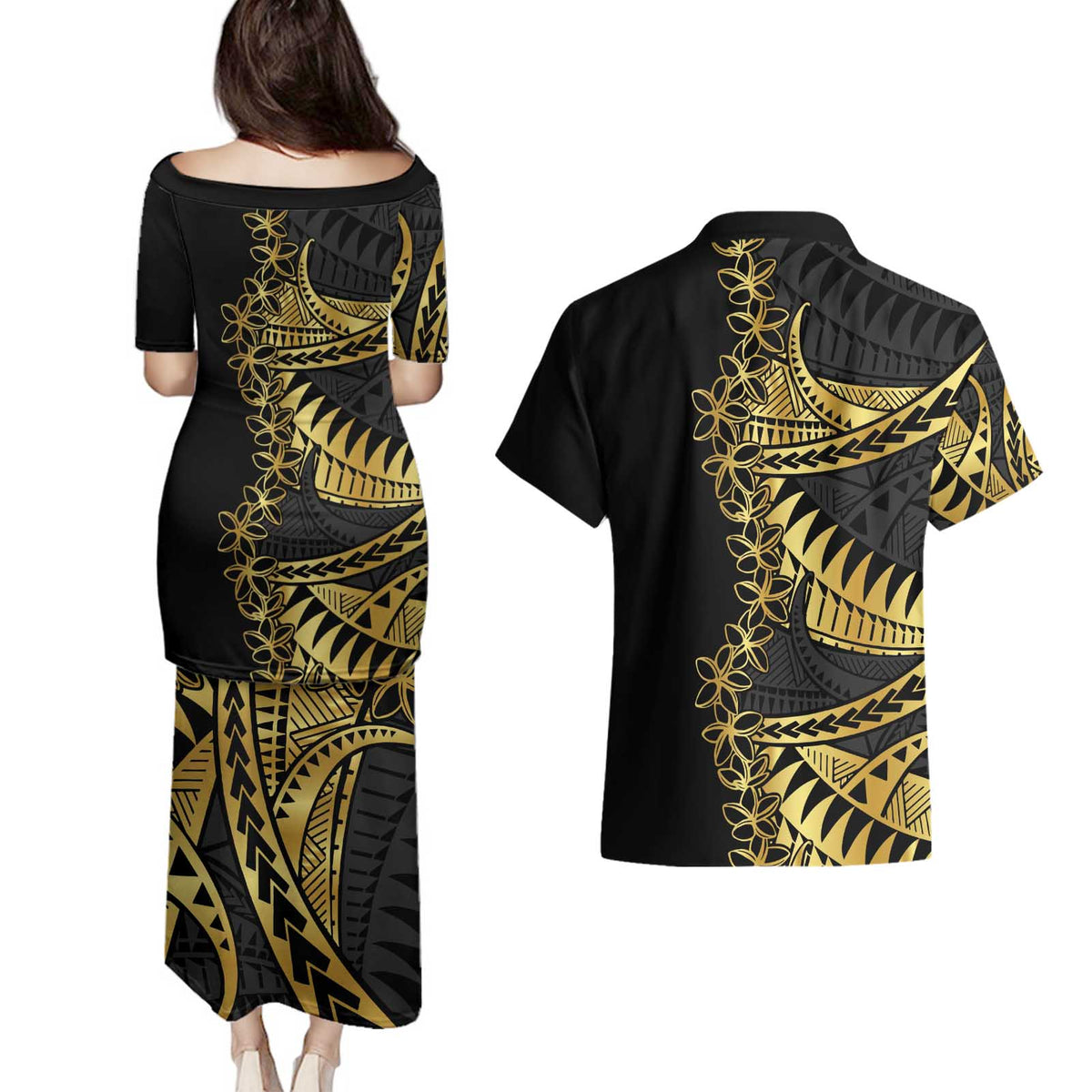 Polynesia Couples Matching Puletasi and Hawaiian Shirt Black & Gold Fancy Plumeria LT7 - Polynesian Pride