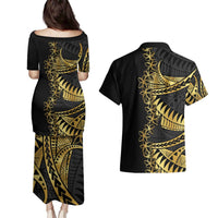 Polynesia Couples Matching Puletasi and Hawaiian Shirt Black & Gold Fancy Plumeria LT7 - Polynesian Pride