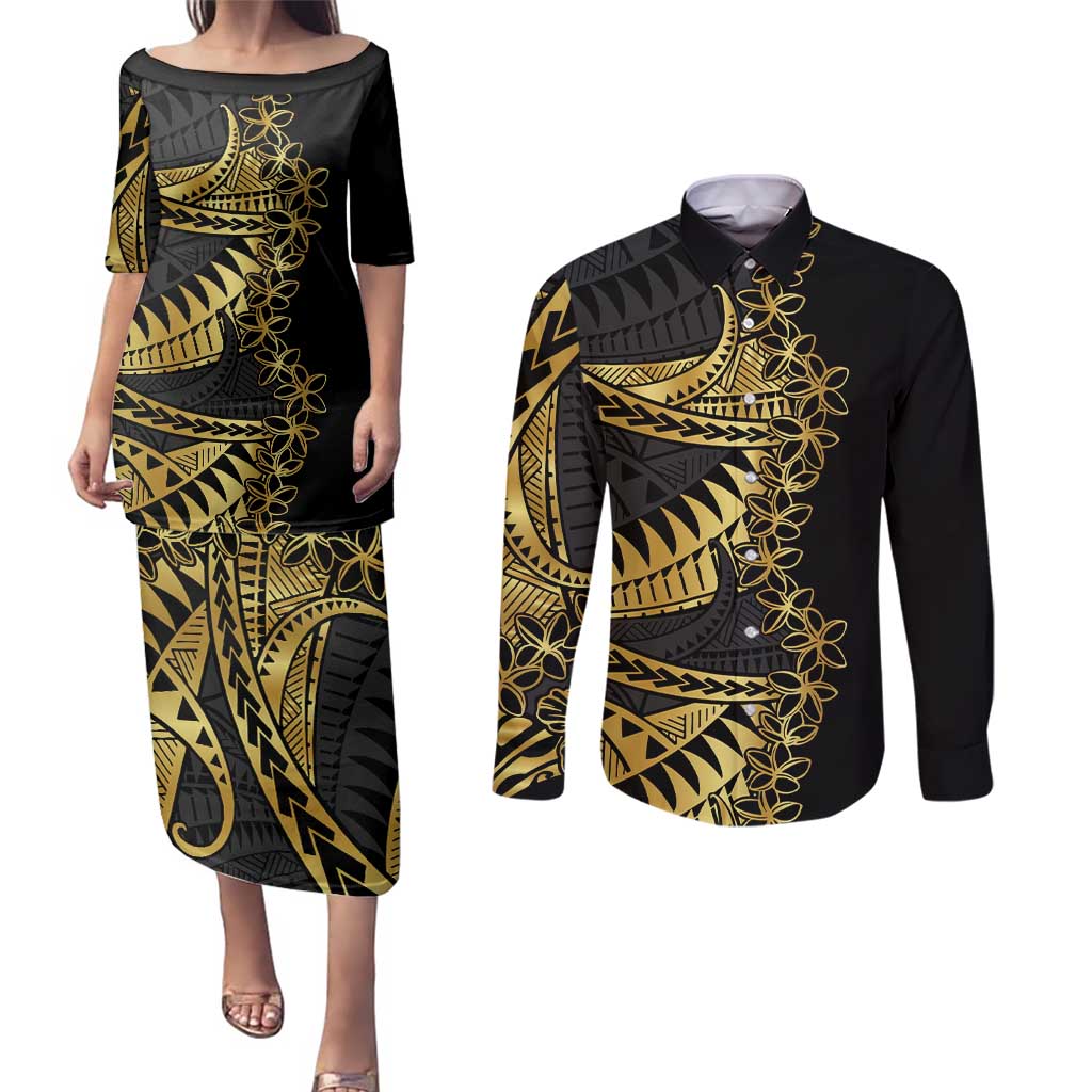 Polynesia Couples Matching Puletasi and Long Sleeve Button Shirt Black & Gold Fancy Plumeria LT7 Black Gold - Polynesian Pride