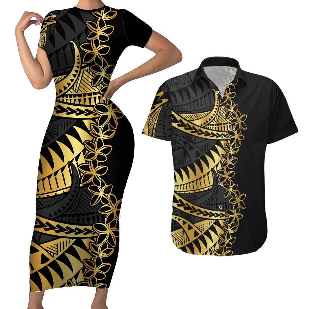Polynesia Couples Matching Short Sleeve Bodycon Dress and Hawaiian Shirt Black & Gold Fancy Plumeria LT7 Black Gold - Polynesian Pride