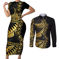 Polynesia Couples Matching Short Sleeve Bodycon Dress and Long Sleeve Button Shirt Black & Gold Fancy Plumeria LT7 Black Gold - Polynesian Pride