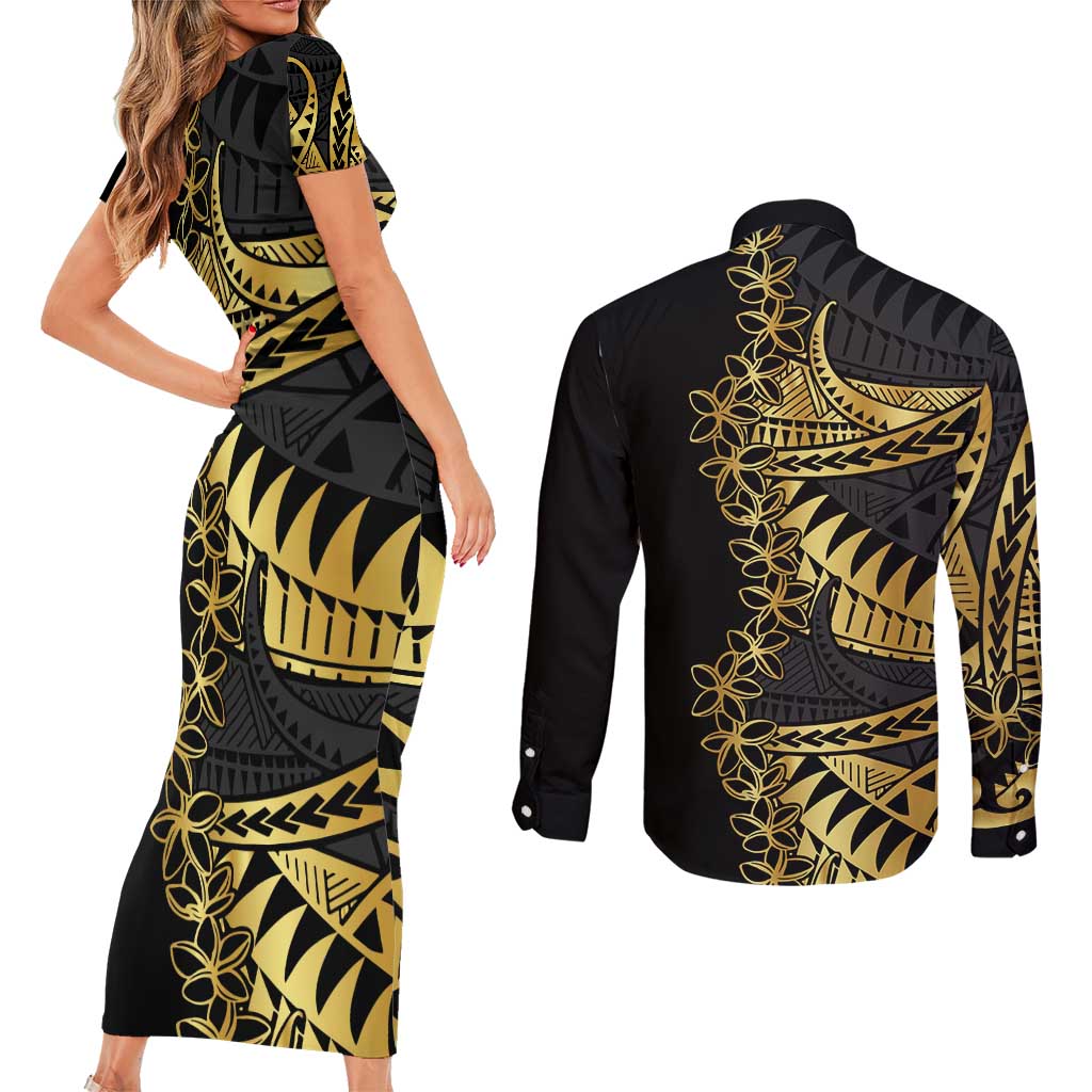 Polynesia Couples Matching Short Sleeve Bodycon Dress and Long Sleeve Button Shirt Black & Gold Fancy Plumeria LT7 - Polynesian Pride