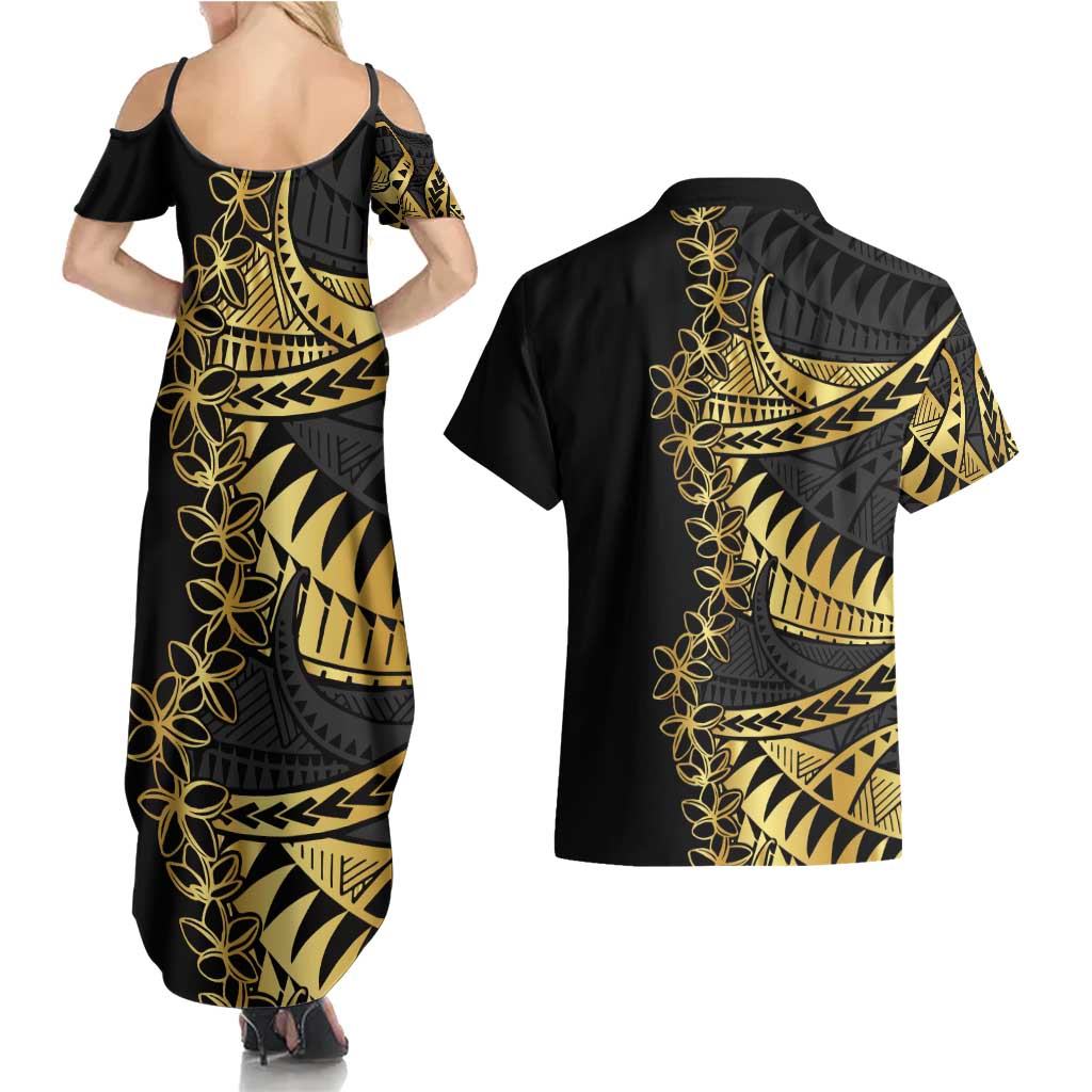 Polynesia Couples Matching Summer Maxi Dress and Hawaiian Shirt Black & Gold Fancy Plumeria LT7 - Polynesian Pride