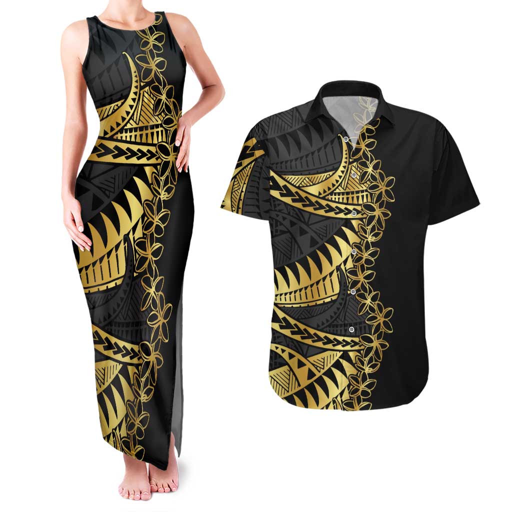 Polynesia Couples Matching Tank Maxi Dress and Hawaiian Shirt Black & Gold Fancy Plumeria LT7 Black Gold - Polynesian Pride