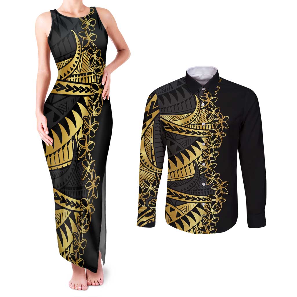 Polynesia Couples Matching Tank Maxi Dress and Long Sleeve Button Shirt Black & Gold Fancy Plumeria LT7 Black Gold - Polynesian Pride