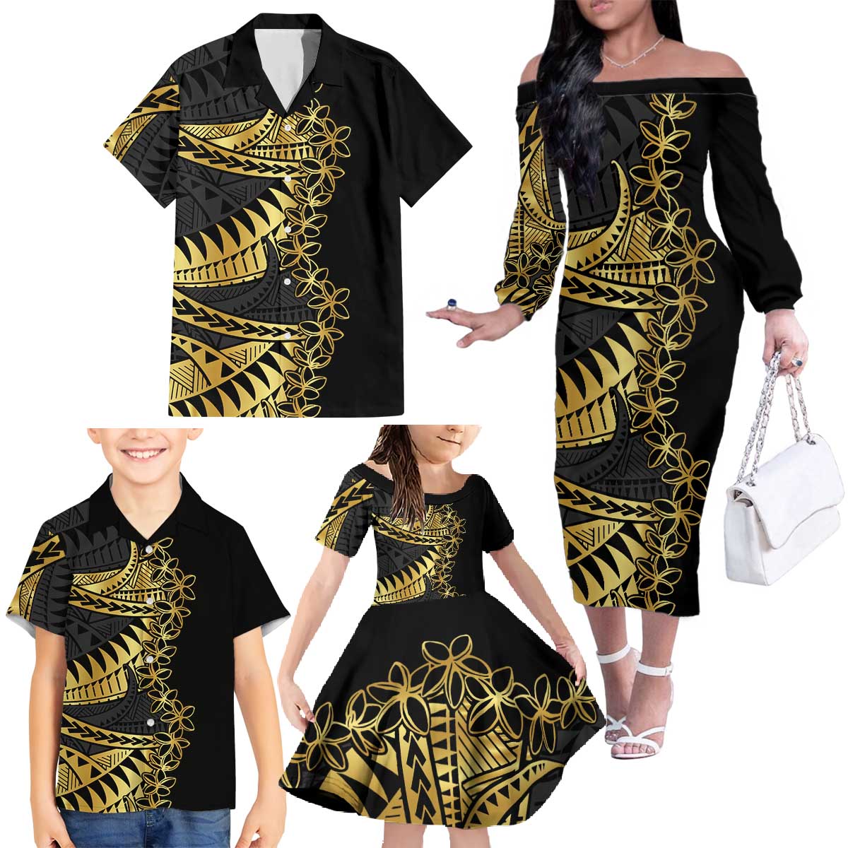 Polynesia Family Matching Off The Shoulder Long Sleeve Dress and Hawaiian Shirt Black & Gold Fancy Plumeria