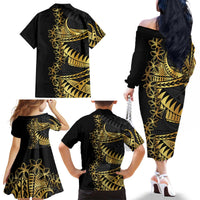 Polynesia Family Matching Off The Shoulder Long Sleeve Dress and Hawaiian Shirt Black & Gold Fancy Plumeria